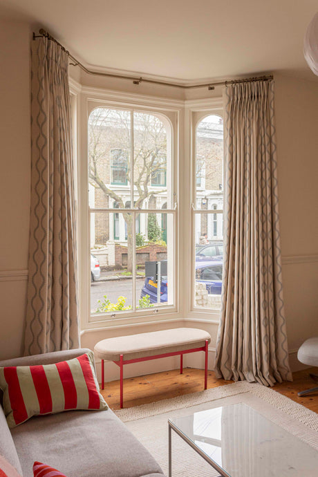 Double Pleat Curtains on Matt Brass Toned Bay Pole