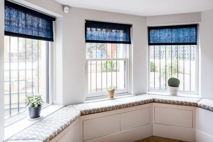 Indigo Linen Roller Blinds and Bench Cushions