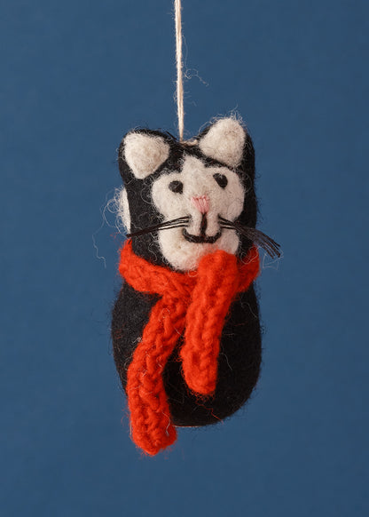 Felted Black Cat With Scarf