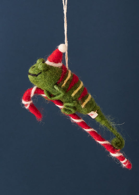 Felted Chameleon on Candy Cane